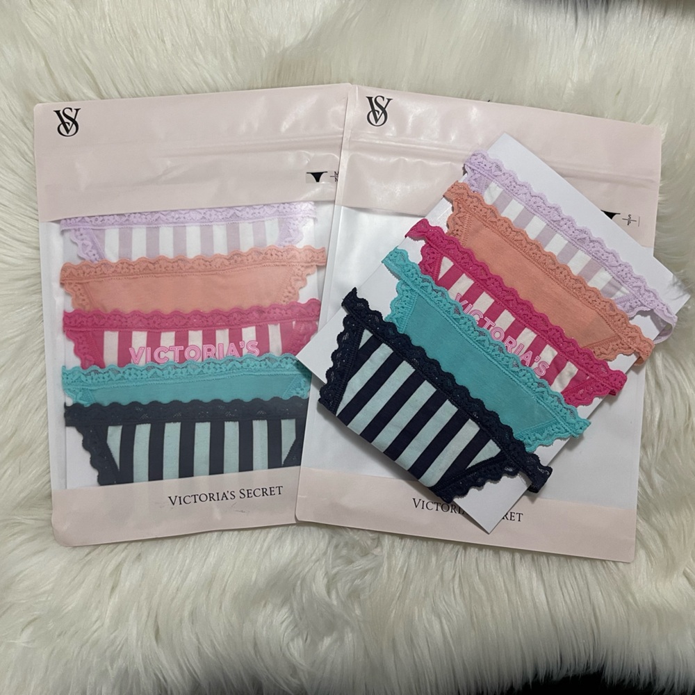 Victoria's Secret 5-Pack Cotton Lace-Trim V-String Panty Underwear. NWT